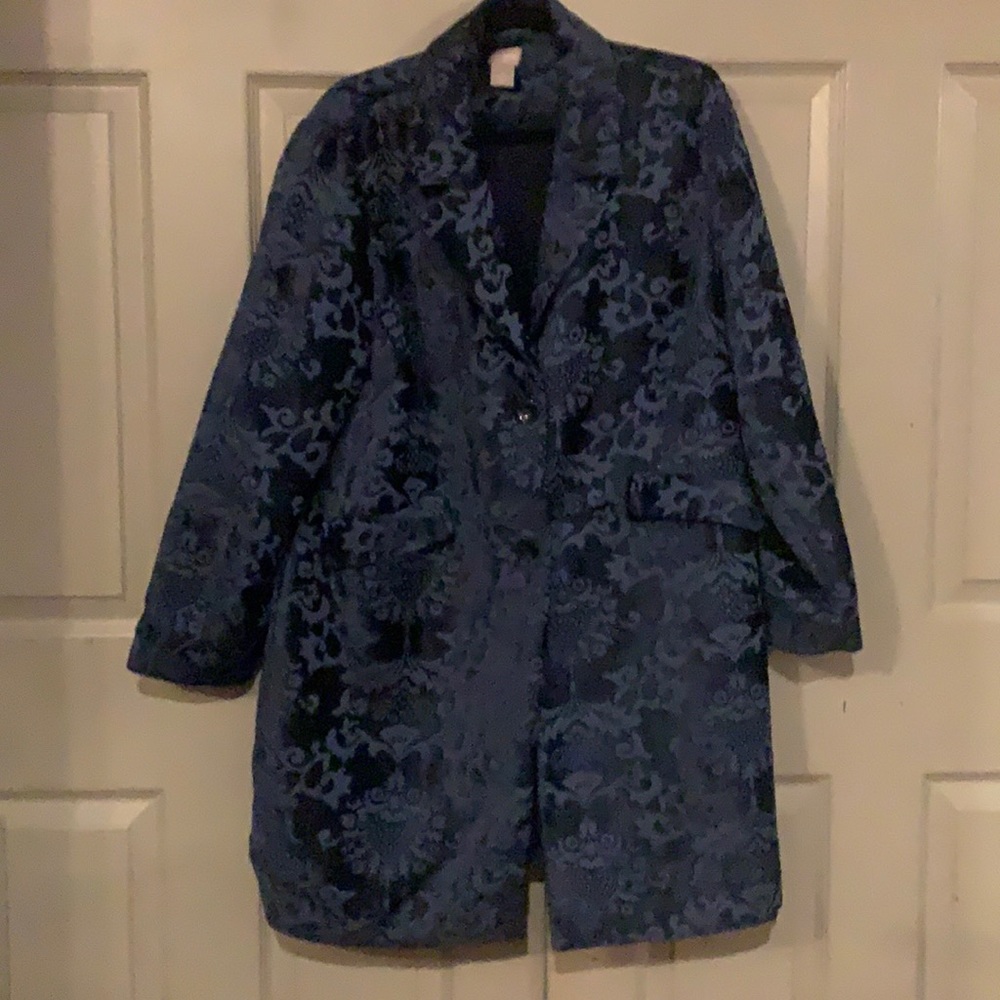 Chico’s Blue Damask Long Coat Size 3